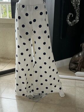Polka Dot Wide Leg Pants - White with Navy Dots